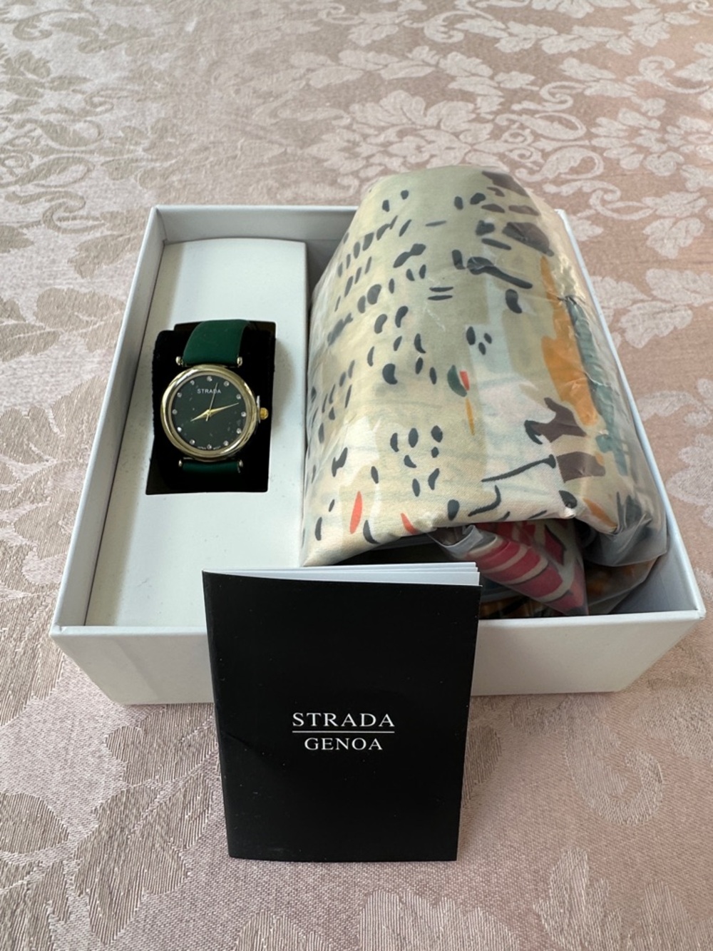 New in Box STRADA Genoa Women's Green Leather Strap Watch & Scarf Gift Set